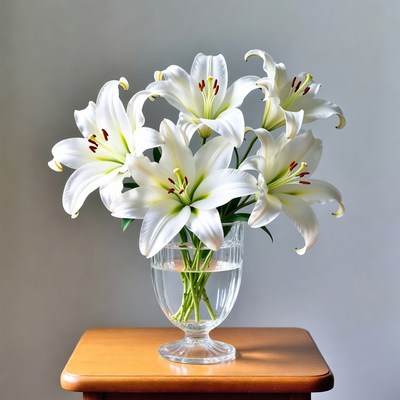 White lilies in clear vase on table