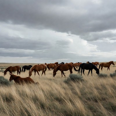 Horses grazing in open field