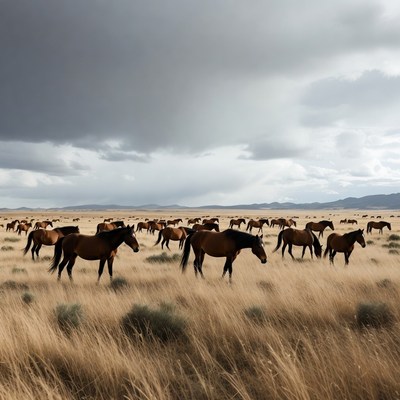 Horses grazing in wide open field