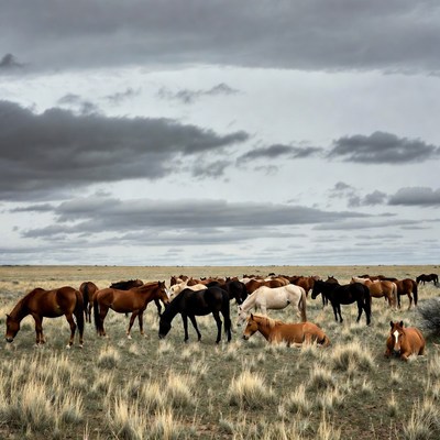Horses grazing in open field