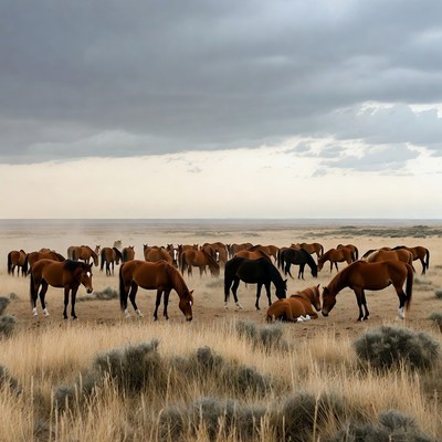 Horses grazing in open field at dusk