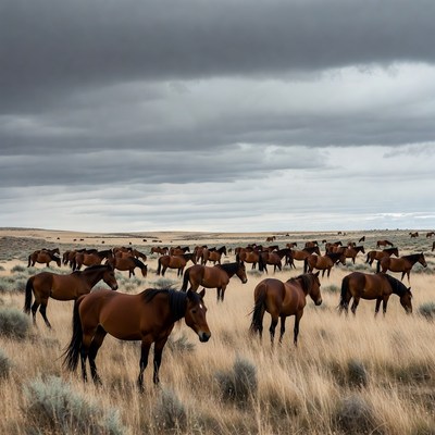 Horses grazing in open field