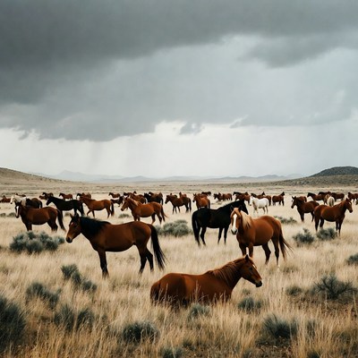 Wild horses in open field under clouds