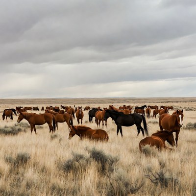 Horses grazing in open field
