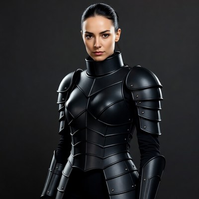 Woman in black armor poses confidently