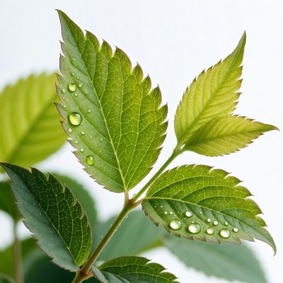 Green leaves with water drops after rain