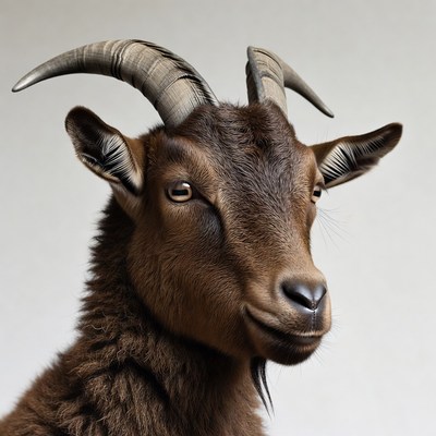 Young goat with curved horns