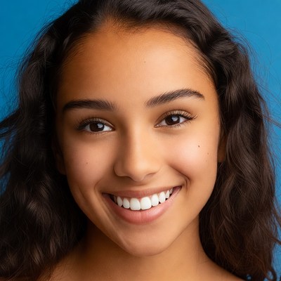Girl smiles against blue background