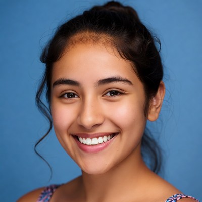 Smiling young woman with blue background