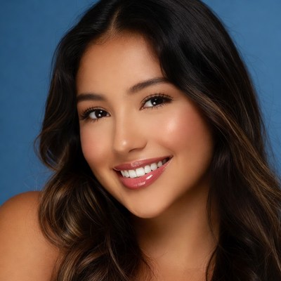 Smiling girl with dark hair in blue background