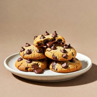 Freshly baked chocolate chip cookies on a plate
