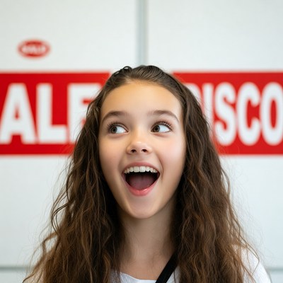 Girl with curly hair shows excitement in store