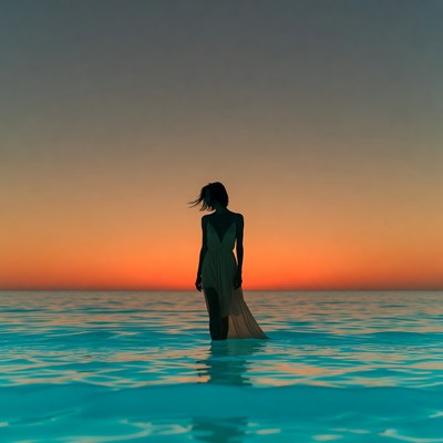 Woman standing in water at sunset