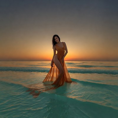 Woman stands in water at sunset