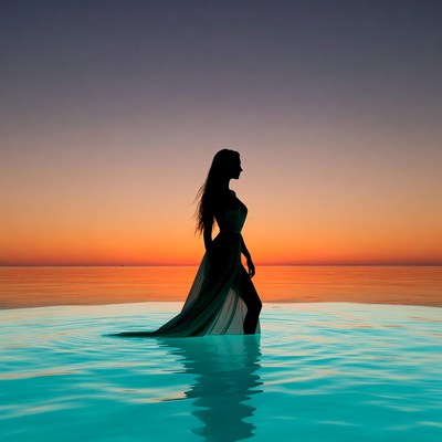 Woman standing in water at sunset
