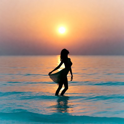 Woman stands in ocean during sunset