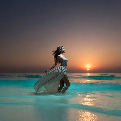 Woman walks by the ocean at sunset