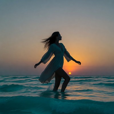 Woman walks in water at sunset