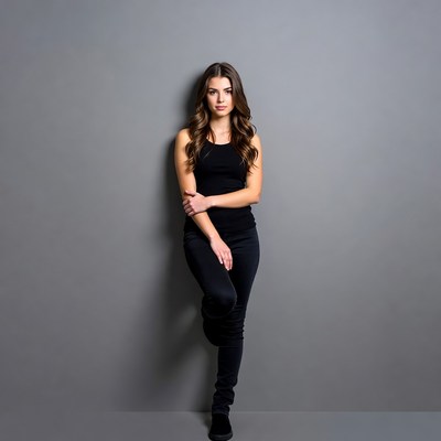 Woman posing against gray wall