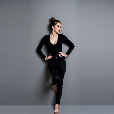 Model poses against a gray wall