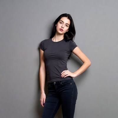 Young woman posing against gray wall