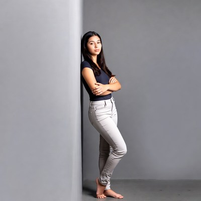Young woman poses against wall