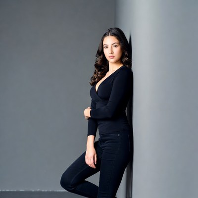 Woman standing against gray wall