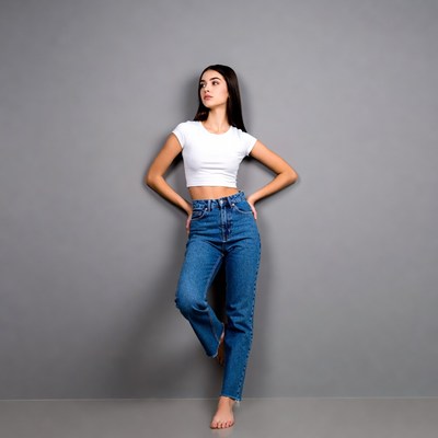 Model poses against gray wall