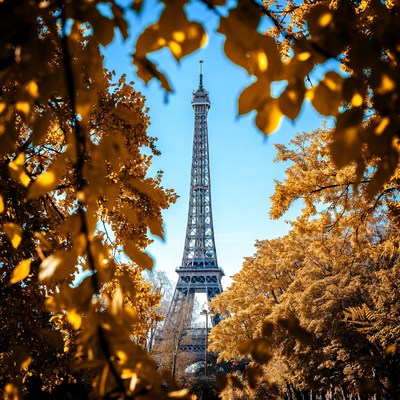 Eiffel tower framed by autumn leaves