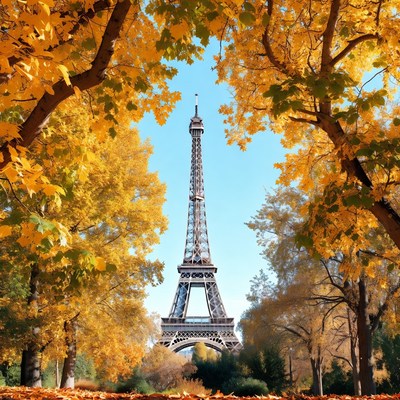 Eiffel tower framed by autumn trees