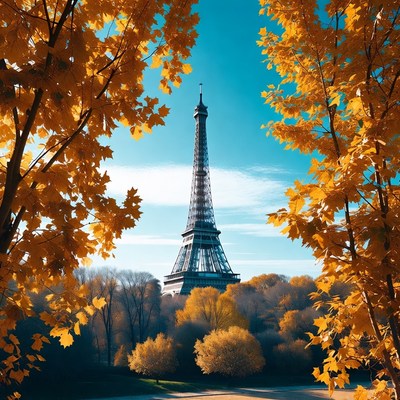 Eiffel tower view with autumn leaves