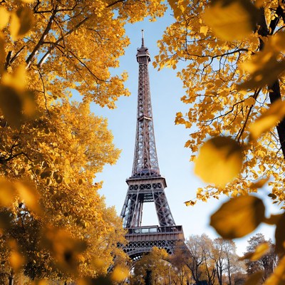 Eiffel tower framed by autumn leaves
