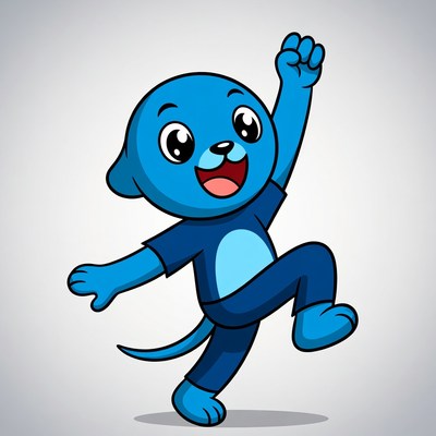 Blue cartoon character with happy expression