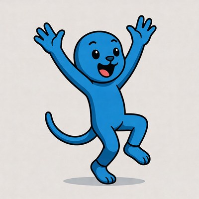 Blue cartoon character dancing happily