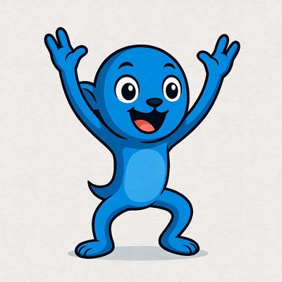 Blue character celebrates joyfully