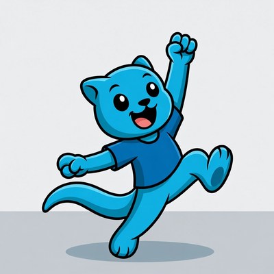 Cheerful blue cat character is dancing