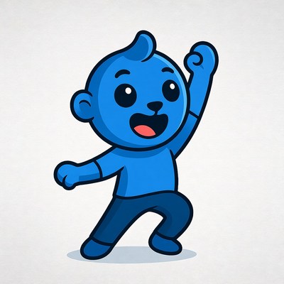 Cartoon character with blue skin dancing happily