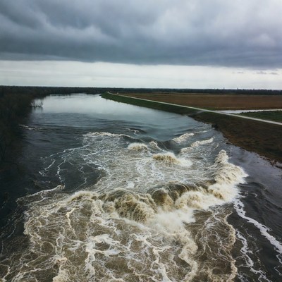 Flooded river under cloudy sky