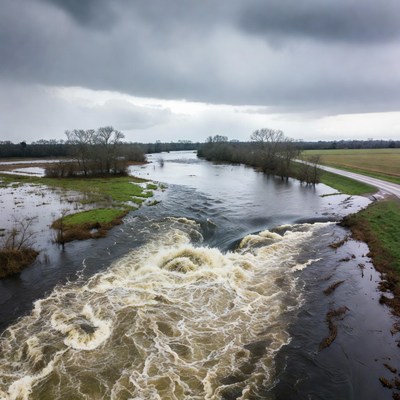River flows under dark clouds
