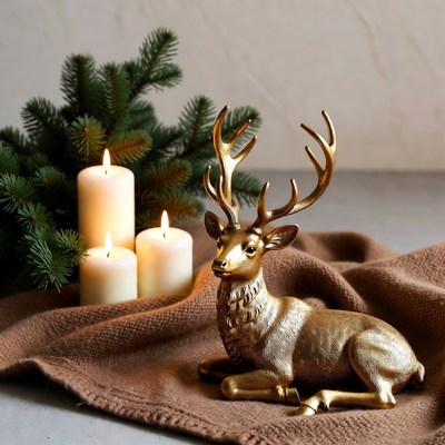 Gold deer decoration with candles and greenery