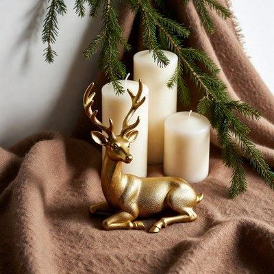 Gold deer decoration with candles and greenery