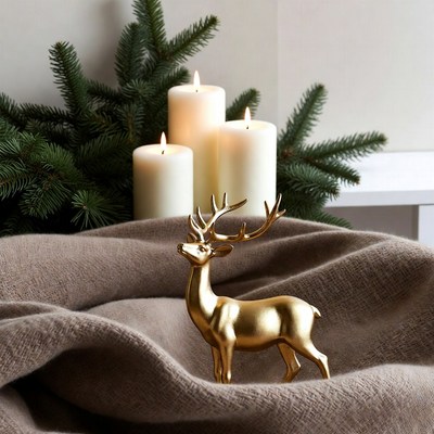 Gold deer and candles on blanket