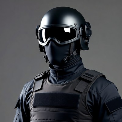 Black tactical gear and helmet display