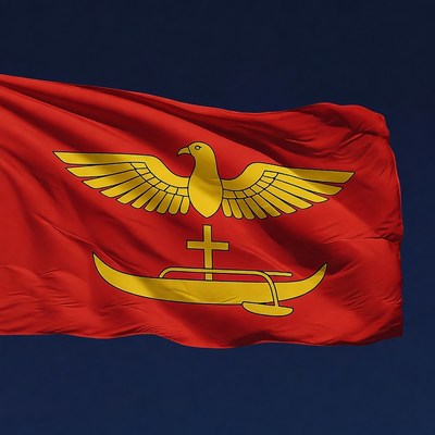 Flag with eagle and cross design flying