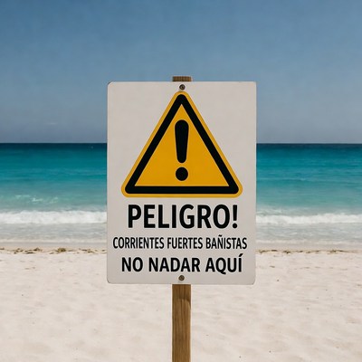 Warning sign on beach about currents