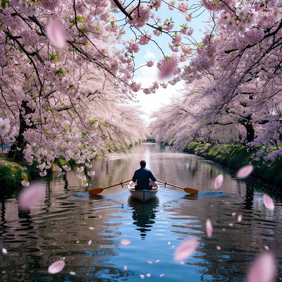 Cherry blossom boating experience on a river