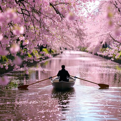 Cherry blossoms and rowing on river