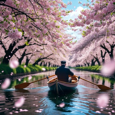 Rowing through pink blossoms