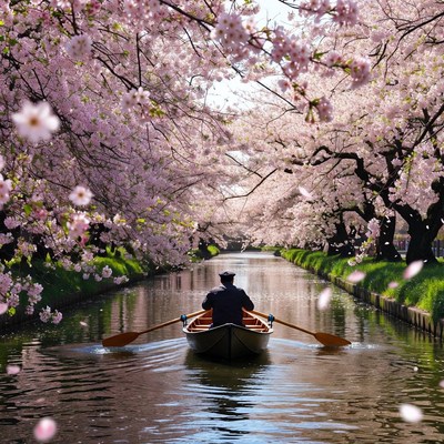 Cherry blossoms and rowing on water