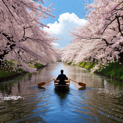 Cherry blossoms by the river in spring